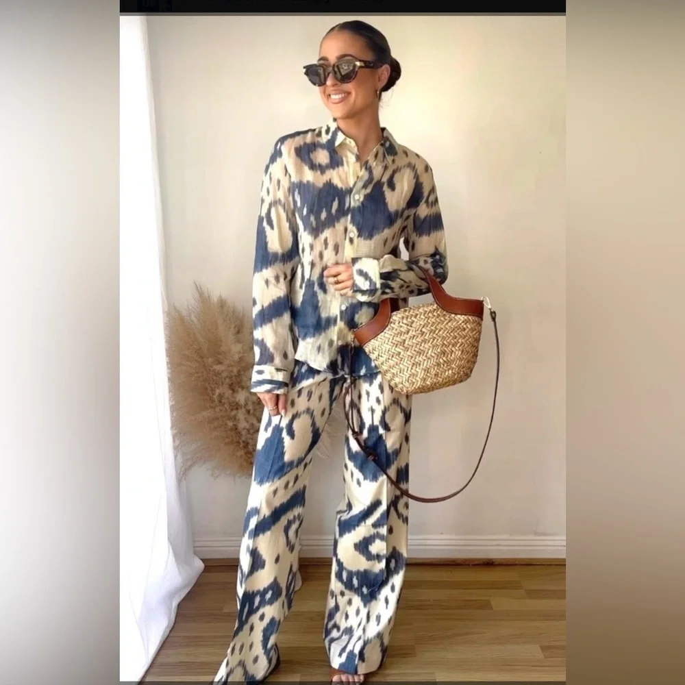 ZARA Printed Ramie Shirt & Pants Set LIMITED EDITION Blue Cream Size S/XS